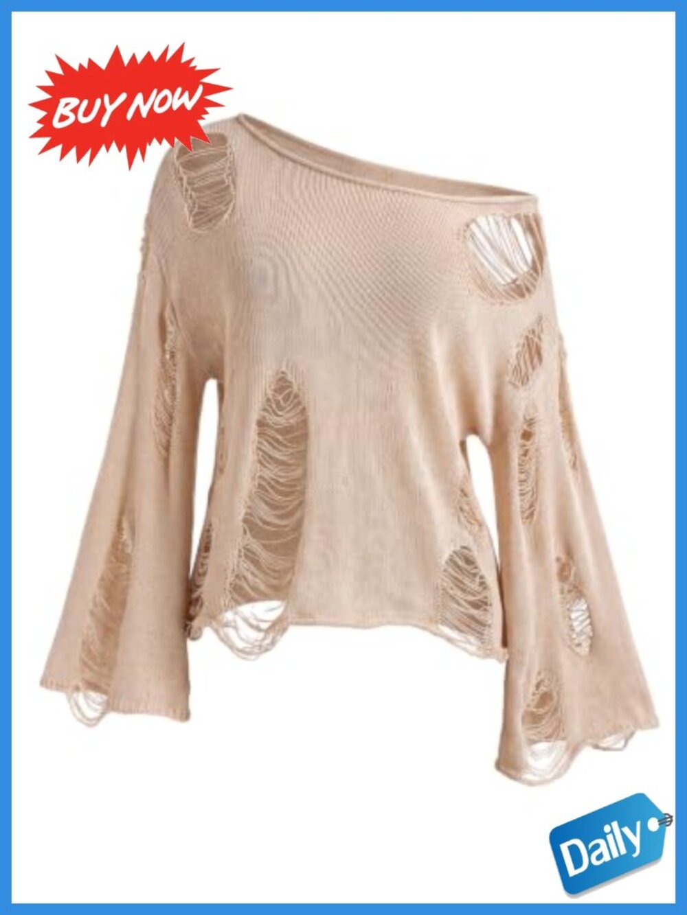 Off Shoulder Ripped Lightweight Knit Pullover Sweater Long Sleeve Top